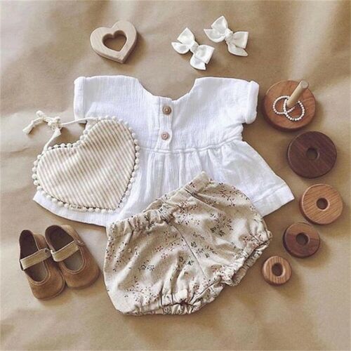 0-18M 2Pcs Cotton Linen Baby Girl Clothes Kid Girl Outfit Clothes Linen T-shirt Top+Shorts Pants Toddler Infant Summer Clothing - ebowsos