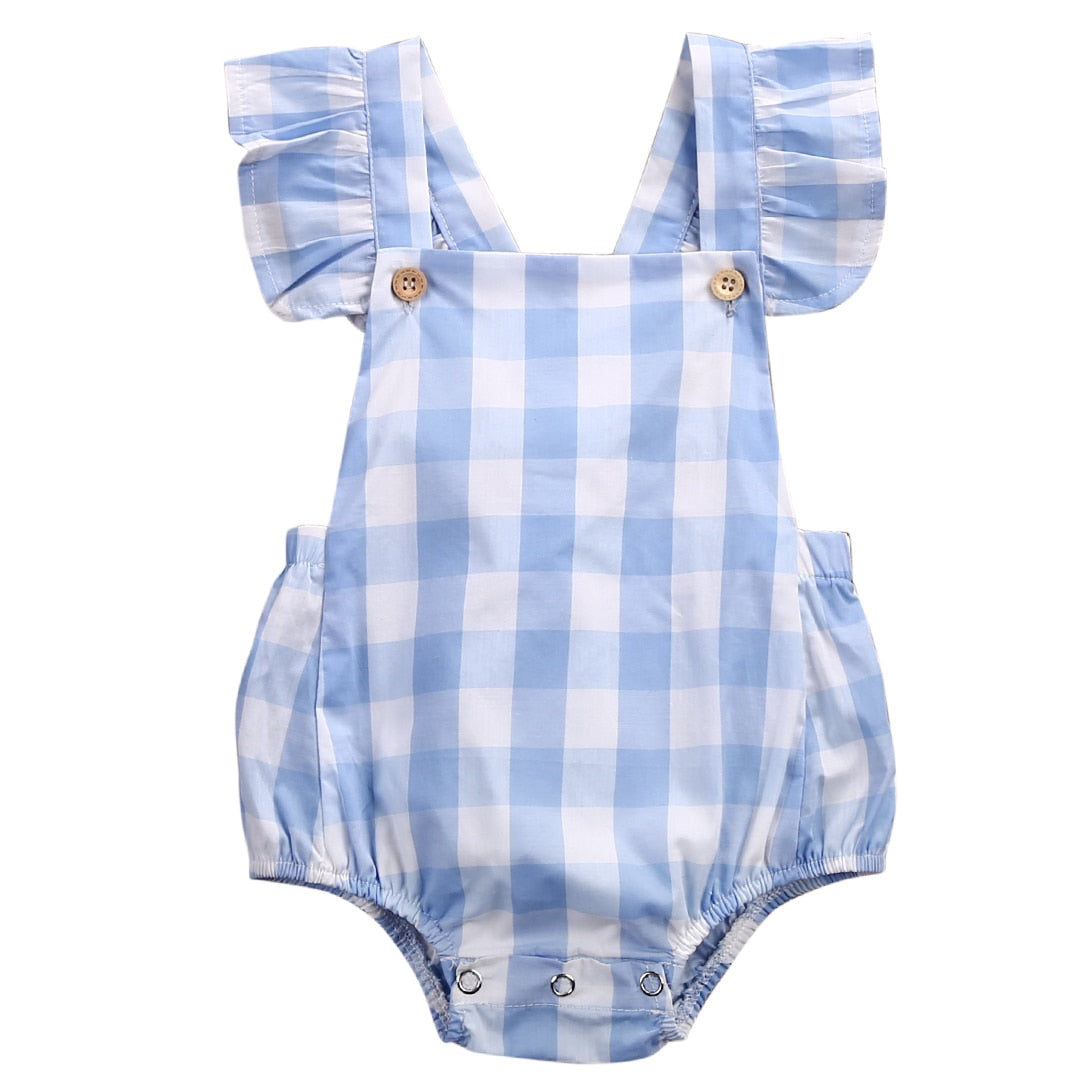 0-18M Newborn Baby Girls Lolita Plaid Romper Cotton Bottom Decor Clothes Fly Sleeve Gril Jumpsuit Blue Clothes - ebowsos