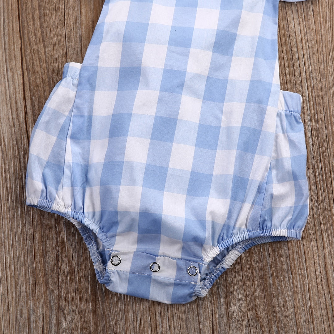 0-18M Newborn Baby Girls Lolita Plaid Romper Cotton Bottom Decor Clothes Fly Sleeve Gril Jumpsuit Blue Clothes - ebowsos