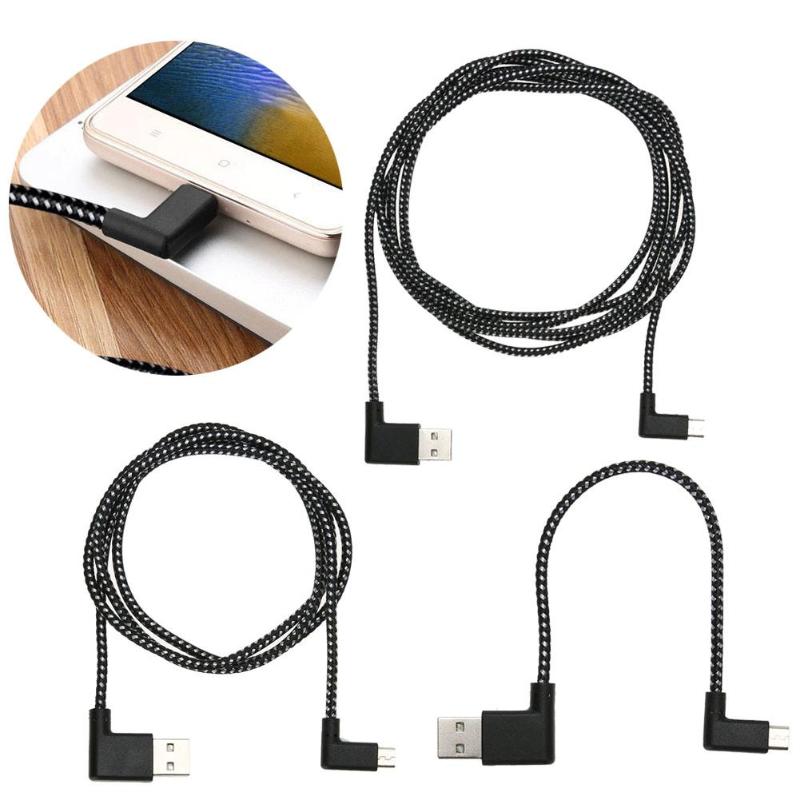 0.2/1/3/2m L Shaped Micro USB Charge Cable Portable 90 Degree Right Angle Black Nylon Weaving Data Transfer Cord Wire Line - ebowsos