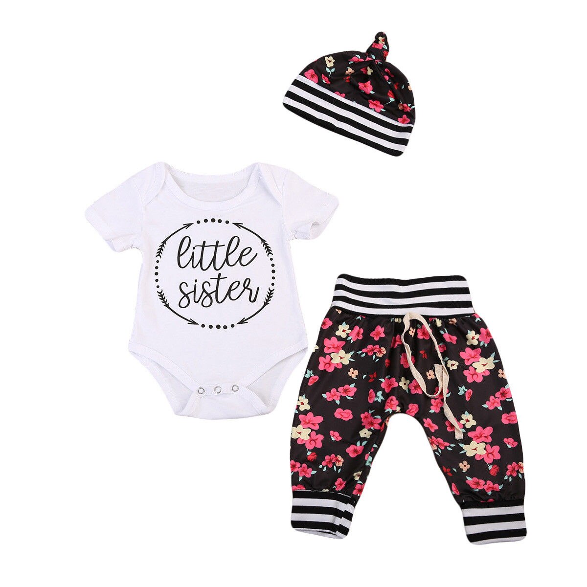 0-24M Infant Baby Girl Floral Outfit Bodysuit+ Pants Hat 3pcs Costume Set - ebowsos