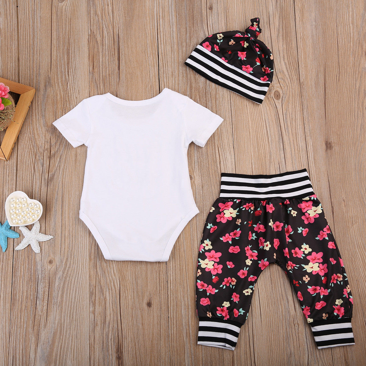 0-24M Infant Baby Girl Floral Outfit Bodysuit+ Pants Hat 3pcs Costume Set - ebowsos