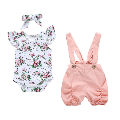 0-24M Newborn Baby Girls Floral Romper Tops Bib Pants Overalls Headband Outfit Set - ebowsos