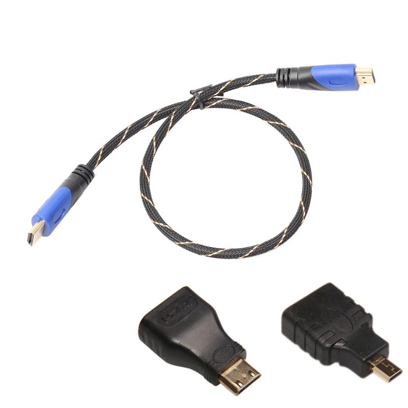 0.5/1/1.8/3m HDMI to HDMI Extension Cable Braided Shield HDMI Cord Wire Line with Mini/Micro HDMI Converter Plugs - ebowsos