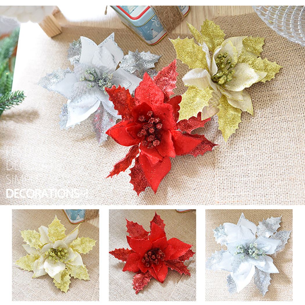 1/10/20PCS Creative Christmas Flower Decoration Glitter Artificial Flower Hanging Ornament For Xmas Tree DIY Wreath Accessories-ebowsos