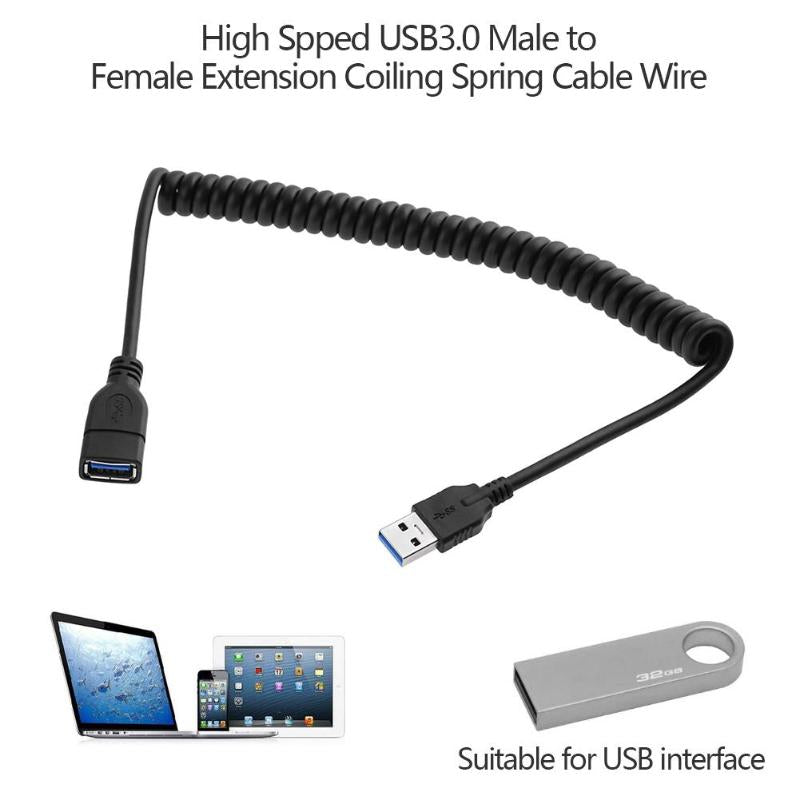 1.2m/3.93ft High Spped USB3.0 Male to Female Extension Extended Spring Cable Coiled Wire Cord for PC USB Extension Cable - ebowsos