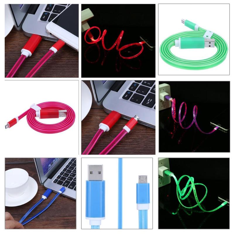 1.2m Visible Flowing LED Light Micro USB Charger Cable Data Sync Transfer Cord Wire Luminous Flat Charging Line - ebowsos