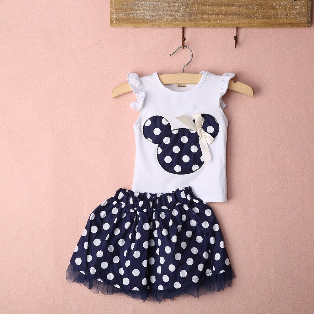 1-4Year Cute Summer Toddler Kids Baby Girl Cotton Tops Sleeveless T-Shirt Vest mouse+Party Dress Skirt Clothes Set 2PCS - ebowsos