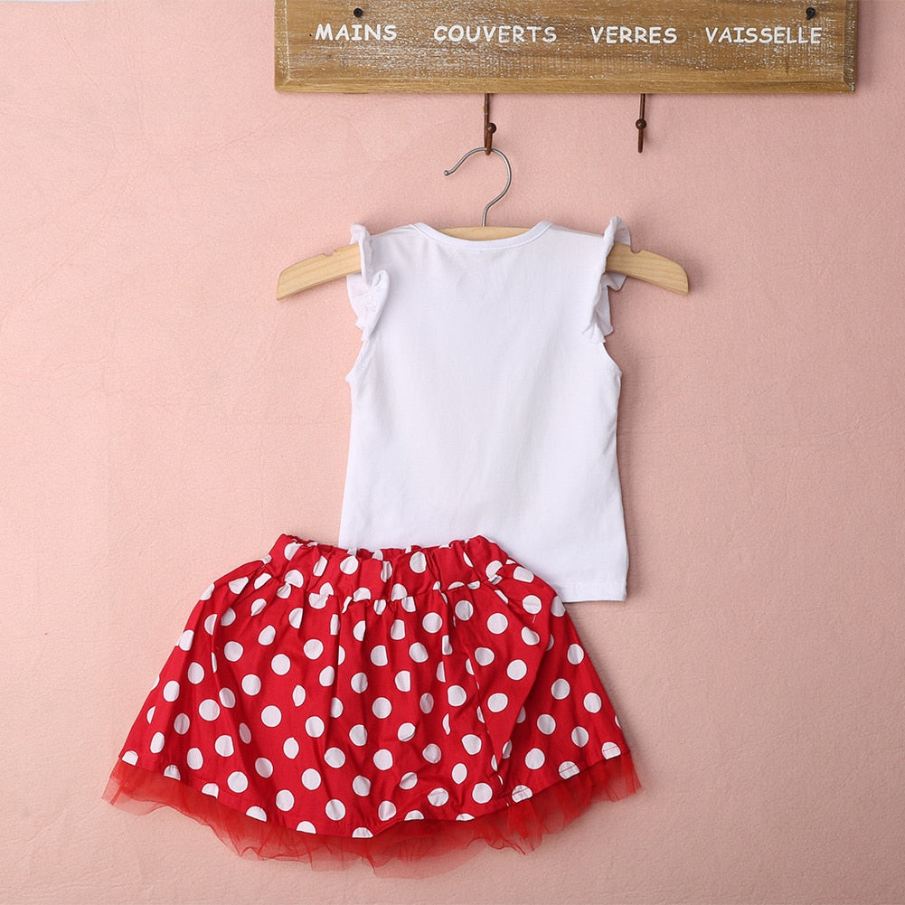 1-4Year Cute Summer Toddler Kids Baby Girl Cotton Tops Sleeveless T-Shirt Vest mouse+Party Dress Skirt Clothes Set 2PCS - ebowsos