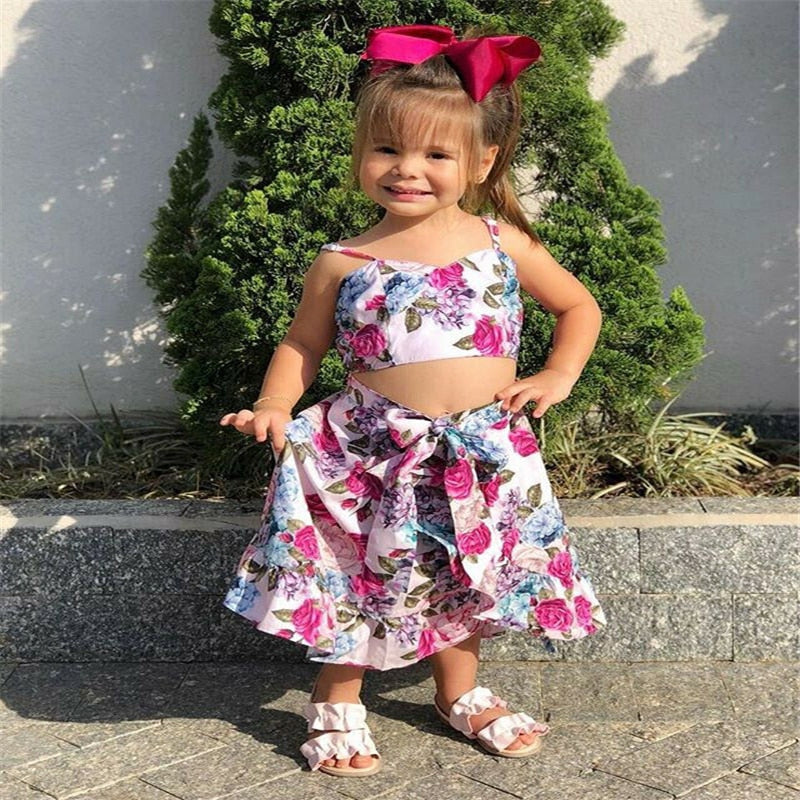 1-6Years Summer Kids Toddler Baby Girl Floral Bow Clothes Tops Skirts Long Dress 2Pcs Set - ebowsos