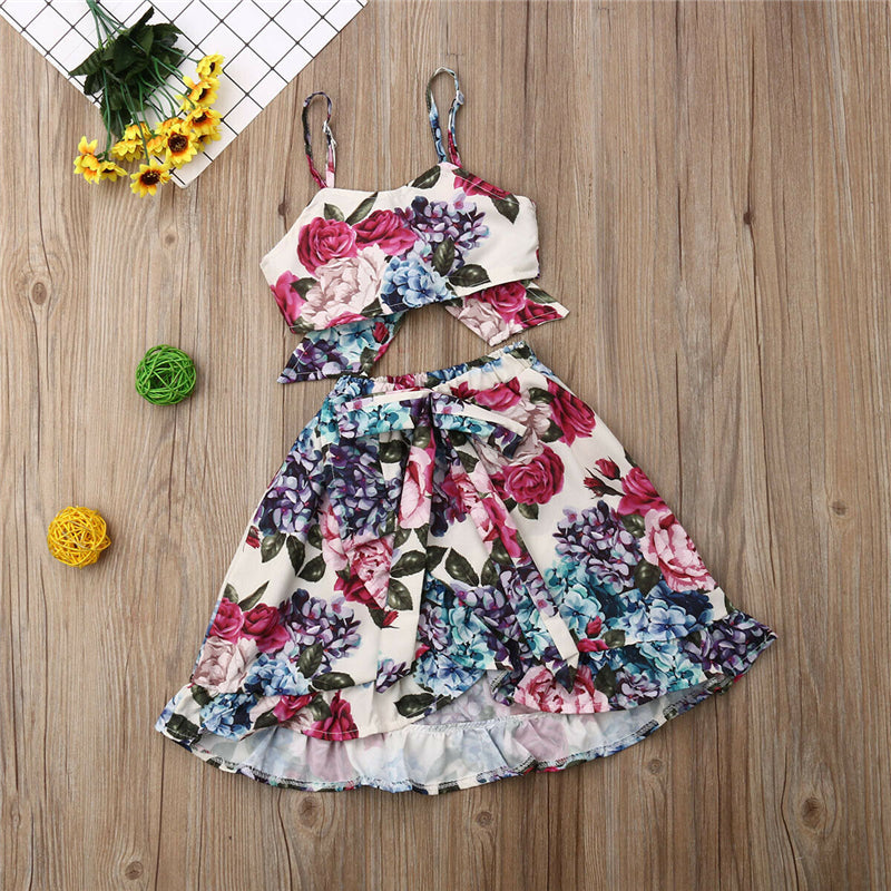 1-6Years Summer Kids Toddler Baby Girl Floral Bow Clothes Tops Skirts Long Dress 2Pcs Set - ebowsos
