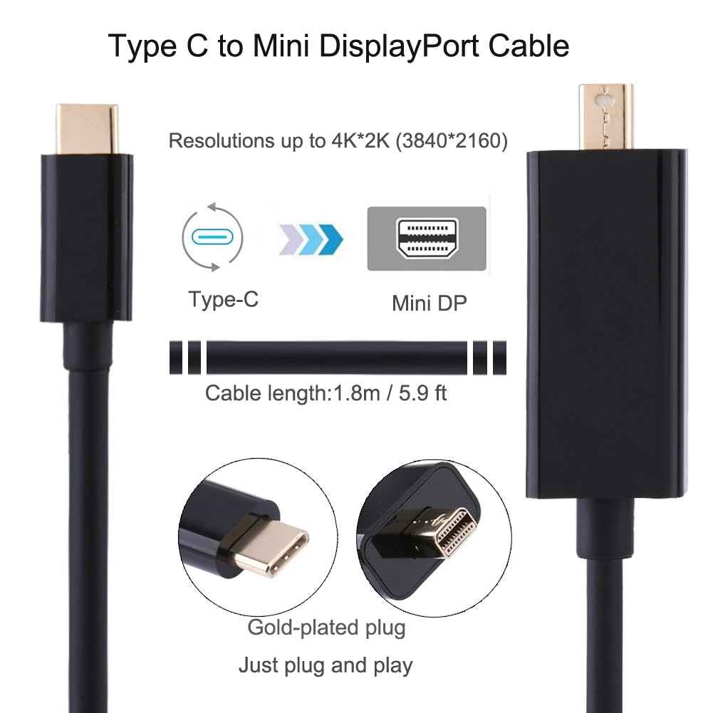 1.8m 5.9 ft USB 3.1 Type C USB-C to Mini DisplayPort DP Male 4Kx2K Monitor Adapter Cable for Macbook & Laptop - ebowsos