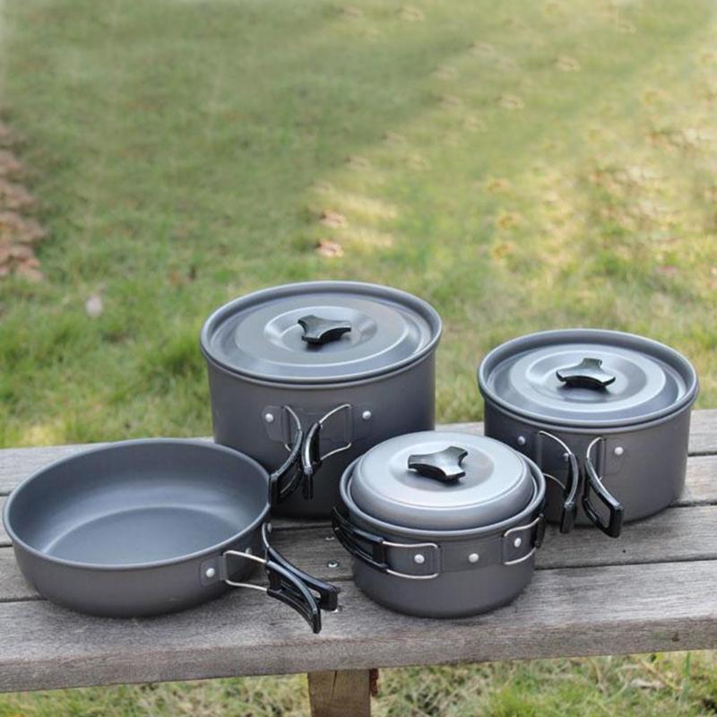 1 Set Outdoor Pots Pans Camping Cookware Picnic Cooking Set Non-stick Tableware With Foldable Spoon Fork Knife Kettle Cup-ebowsos
