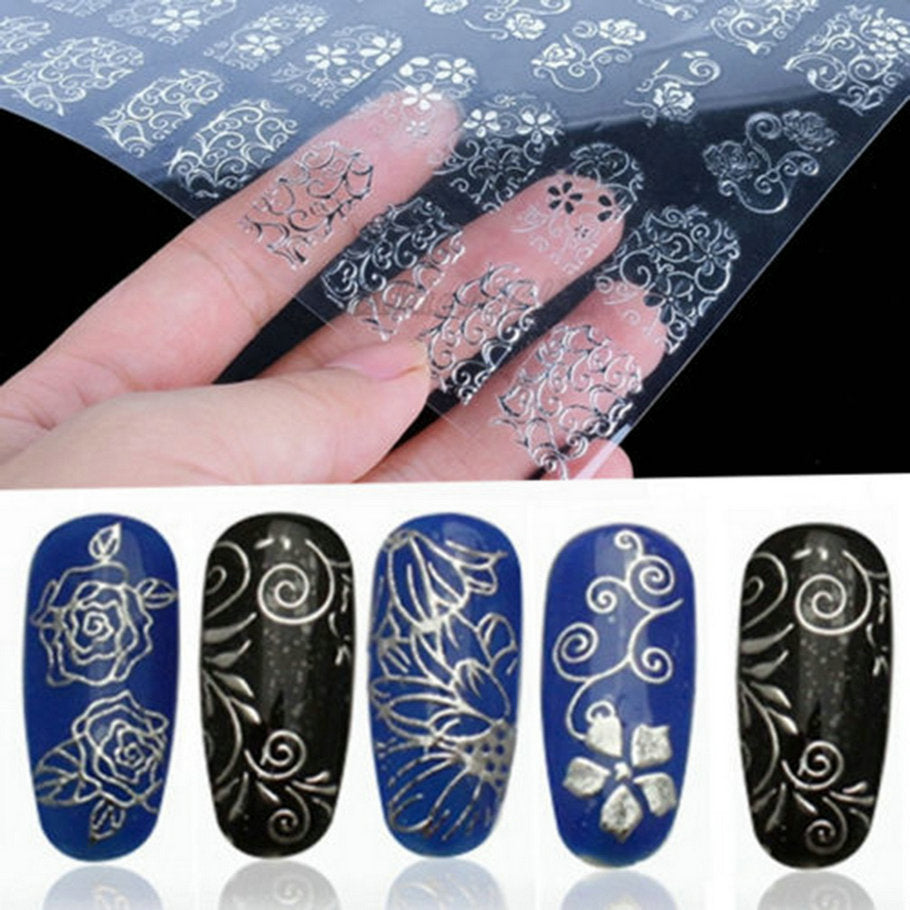 1 Sheet=108Pcs 3D Silver Flower Nail Art Stickers Decals Stamping DIY Decoration Tool DIY Beauty Nail Art Decals Decorations - ebowsos