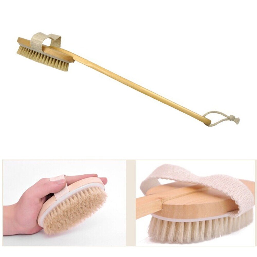 1 pcs Long Wooden Handle Design Bath Body Brush Natural Bristles Exfoliating Body Massager Skin Cleaning Brush for Bathroom - ebowsos