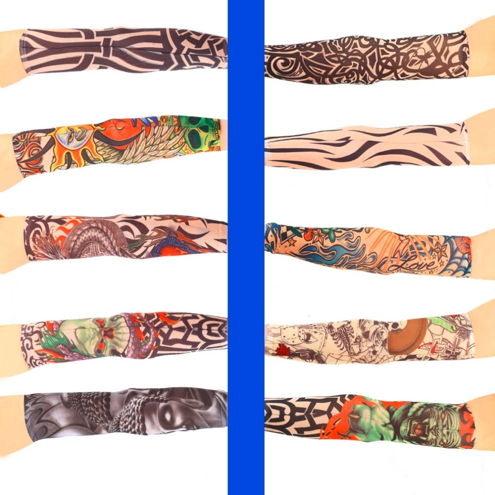 10 Colors Cool Superfine Fiber Elastic Fake Tattoo Sleeve Arm Stockings Temporary Tattoos Body Art Skins Sun Protective - ebowsos