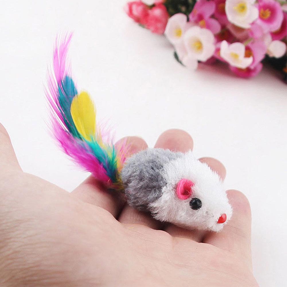 10 Pcs False Mouse Pet Cat Toys Mini Playing Toys with Colorful Feather Pet Cat Feather Mouse Toys-ebowsos