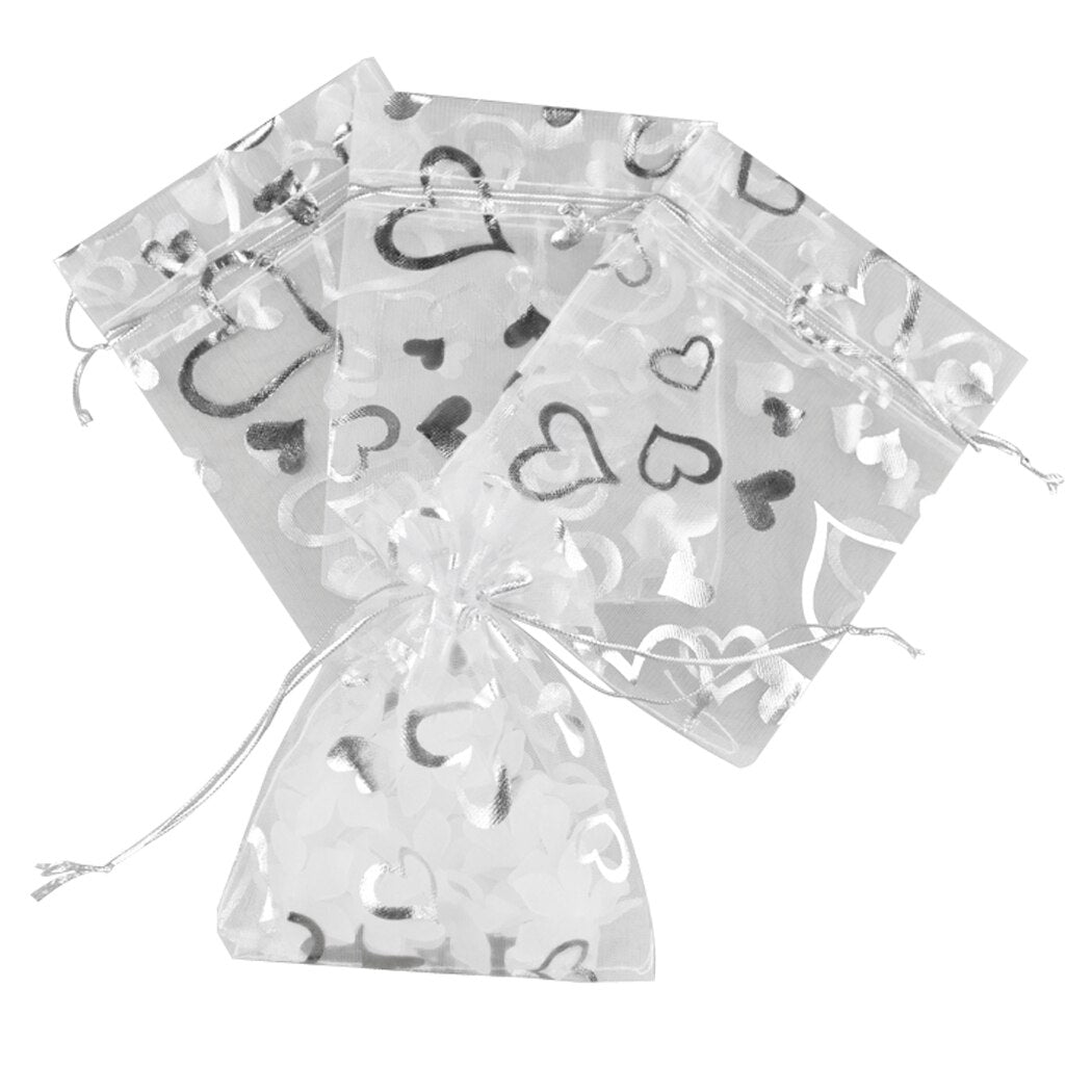 100PCS Love Heart Rose Organza Bag Hot Stamping Romantic Gift Bag Wedding Voile Gift Christmas Bags Jewelry Packing-ebowsos