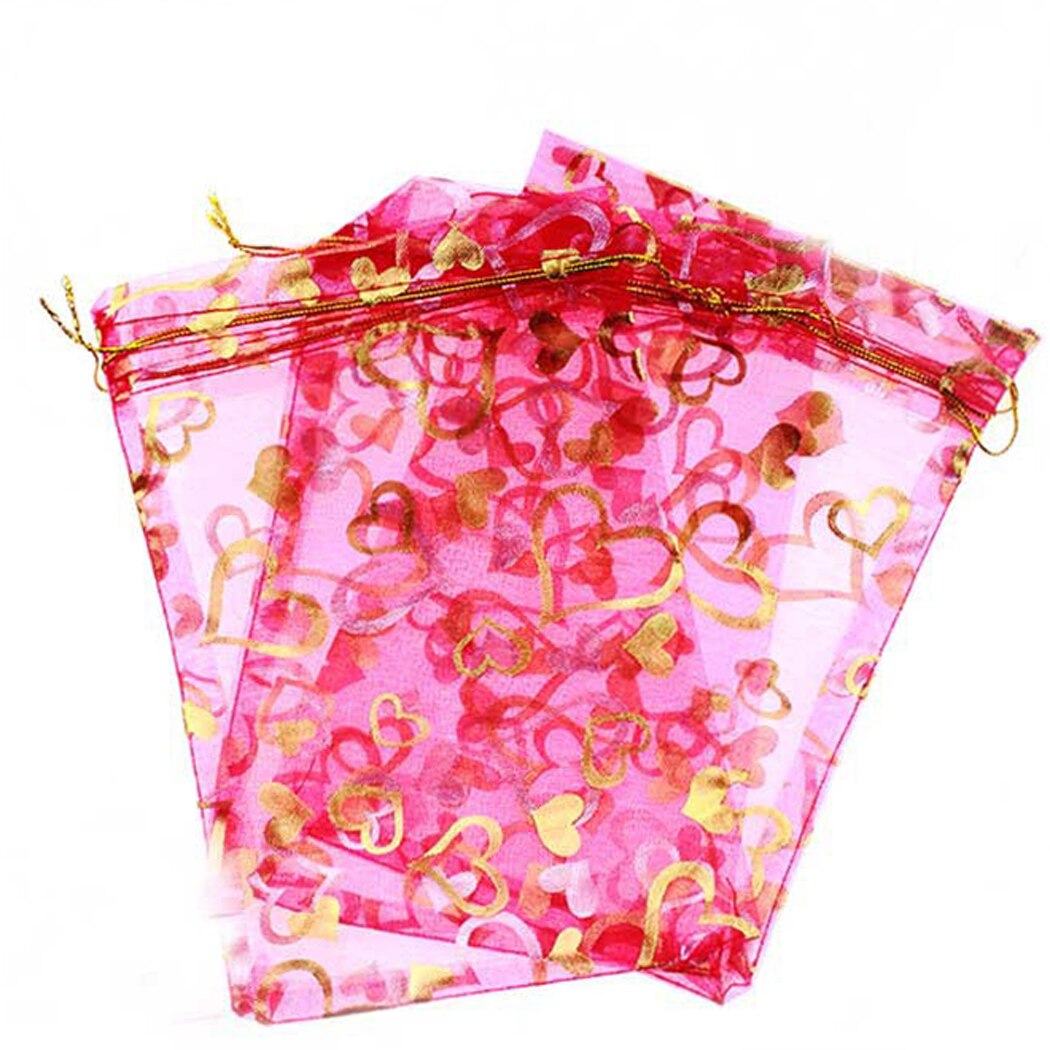 100PCS Love Heart Rose Organza Bag Hot Stamping Romantic Gift Bag Wedding Voile Gift Christmas Bags Jewelry Packing-ebowsos