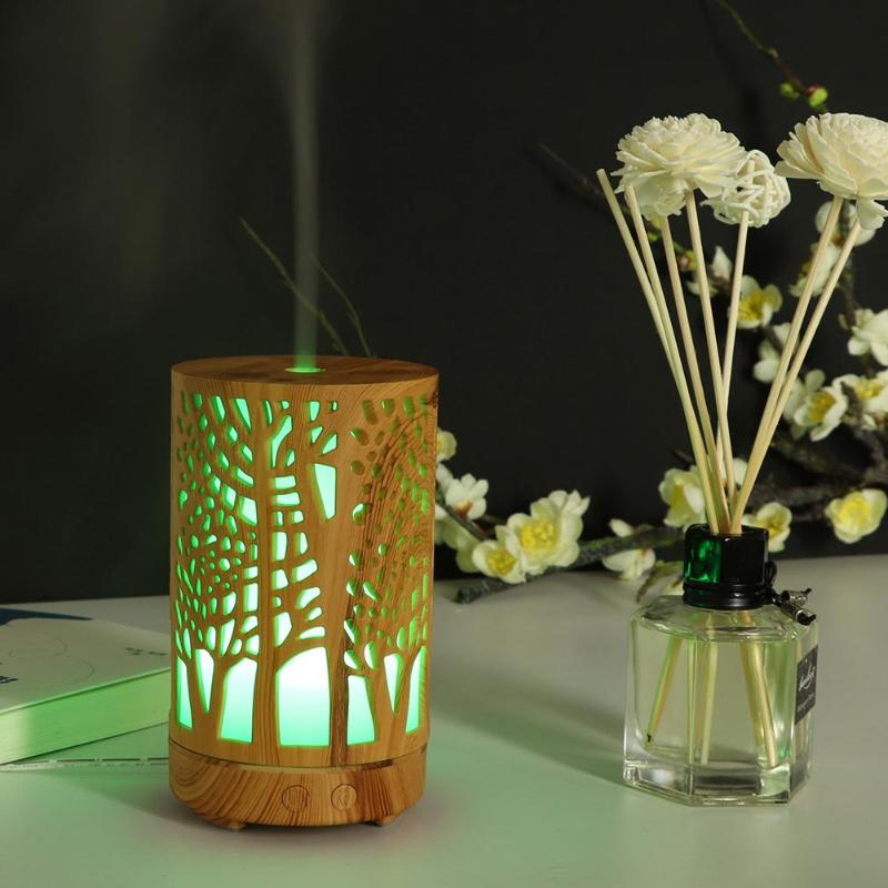 100ml Wood Grain Aroma Essential Oil Diffuser Ultrasonic Air Humidifier Purifier with 7-color Night Light for Home Office Car - ebowsos