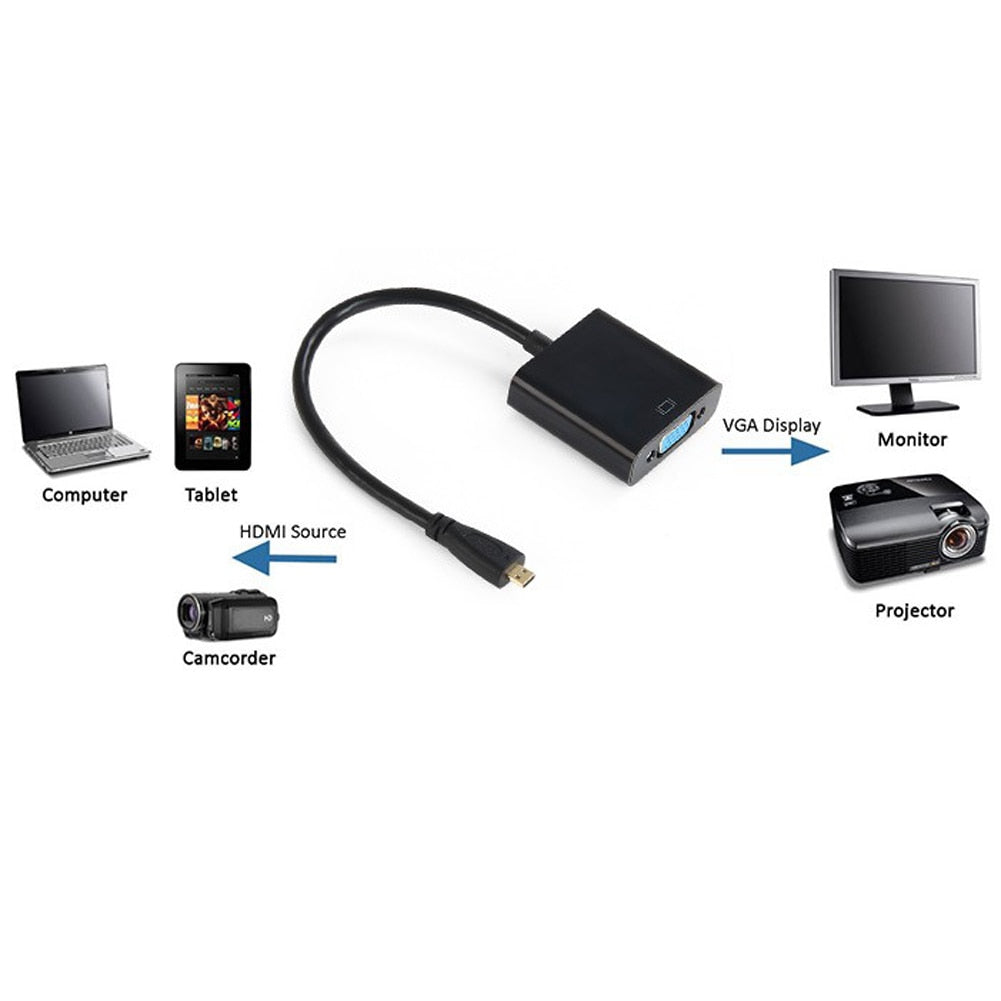 1080P Micro HDMI to VGA with Audio Video Converter Adapter Cable Black High Quality - ebowsos