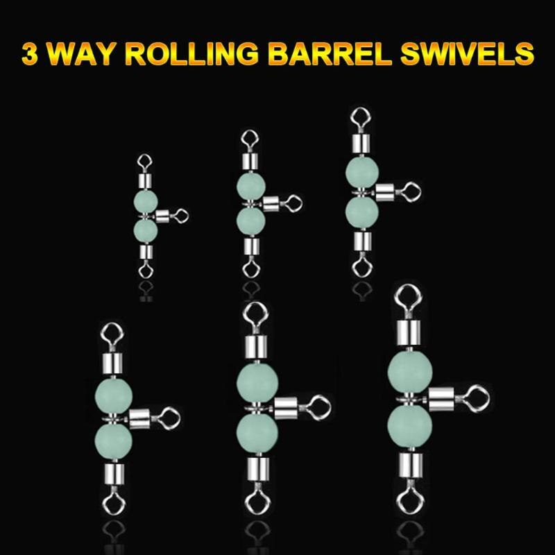 10pcs 3 Way Fishing Rolling Barrel Swivels Luminous Bead Solid Ring Cross Line Connectors Fishing Tools-ebowsos