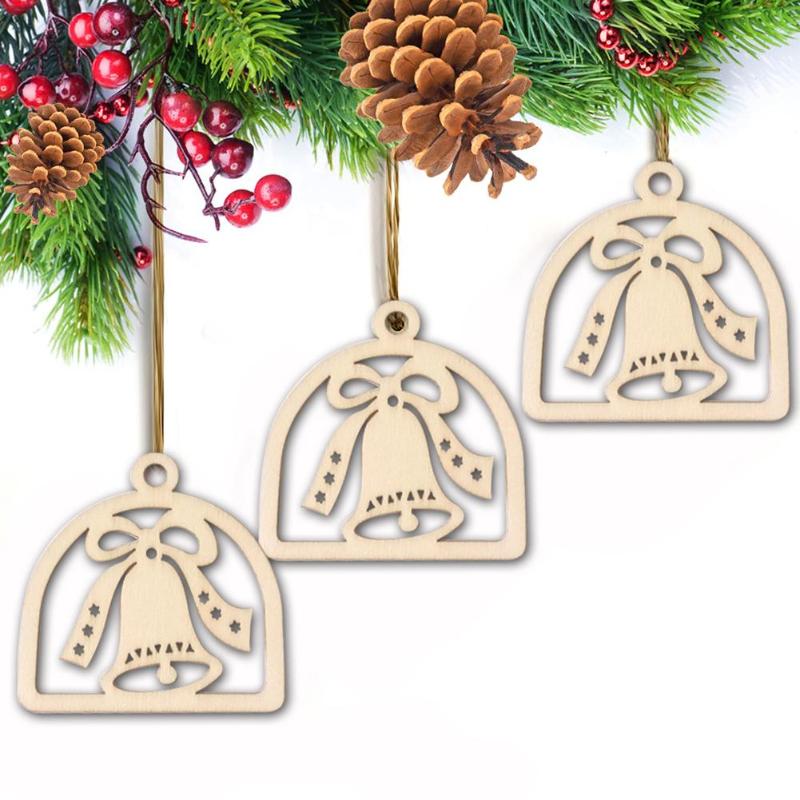 10pcs Wooden Xmas Hollow Bell Hanging Pendant Scrapbook Household Log Colour Beautiful Personality Party Festival Decor - ebowsos