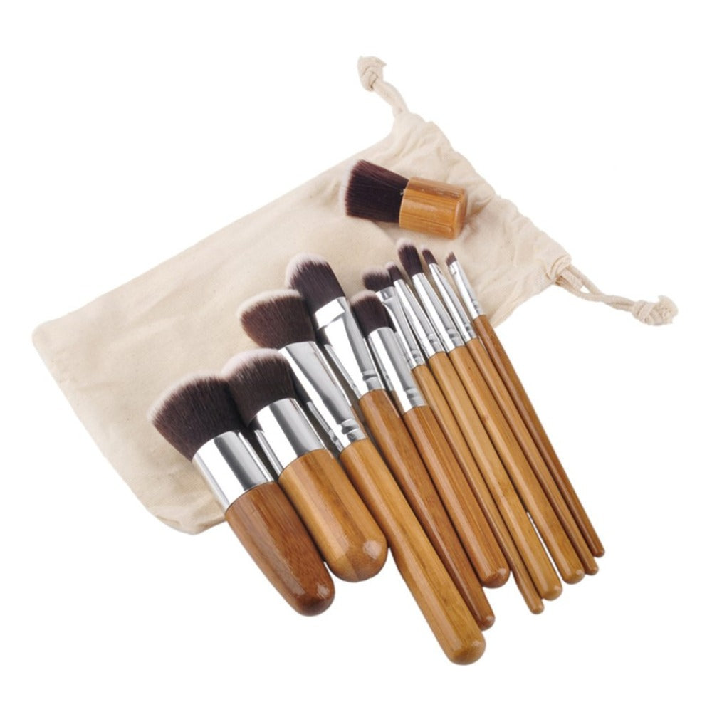 11 bamboo handle makeup brushes set bamboo handle canvas bag bamboo brush beauty tools face makeup tools - ebowsos