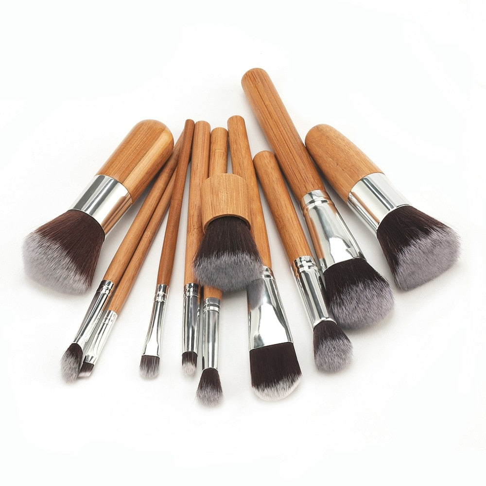 11 pcs/set Bamboo Handle Makeup Brushes Set Kit Eyeshadow Concealer Blush Foundation Brush With Blending Cosmetic Sponges Puff - ebowsos
