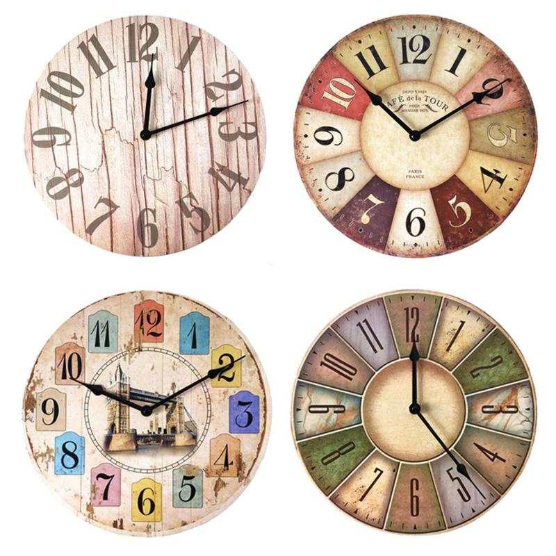 12 inch Mediterranean Vintage Wooden Clock Silent Home Cafe Wall Clocks - ebowsos