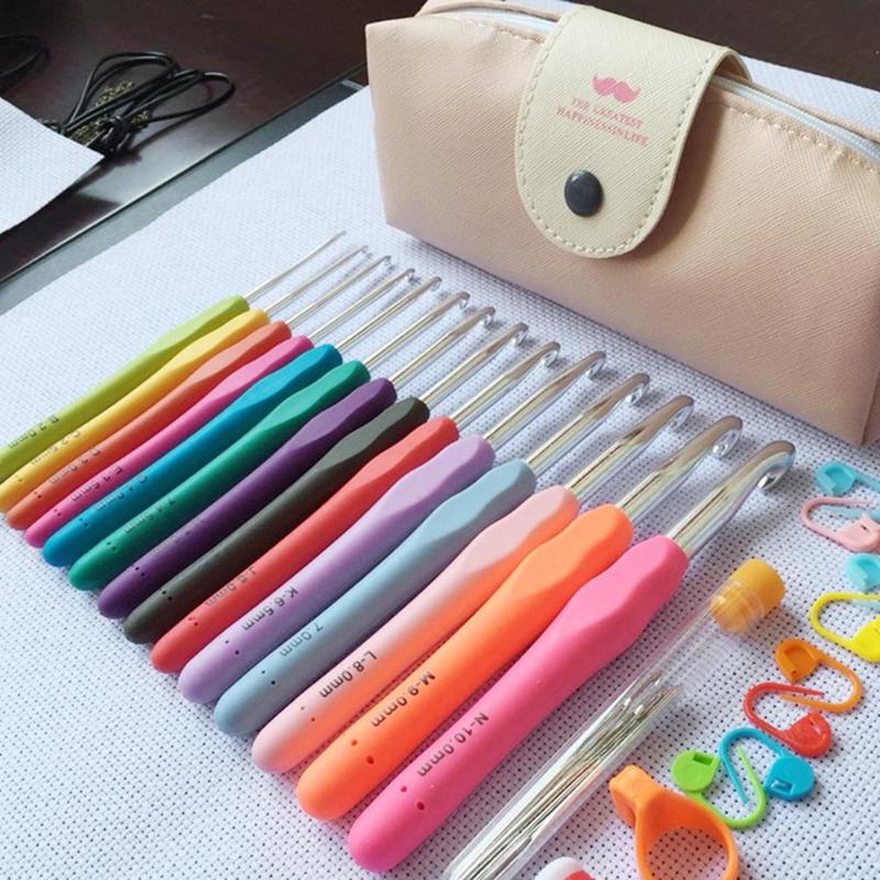 14pcs Aluminum Crochet Hooks Set TPR Easy to Use Smooth Touch Easy Operate Soft Handles Knitting Weaving Needles Kit - ebowsos