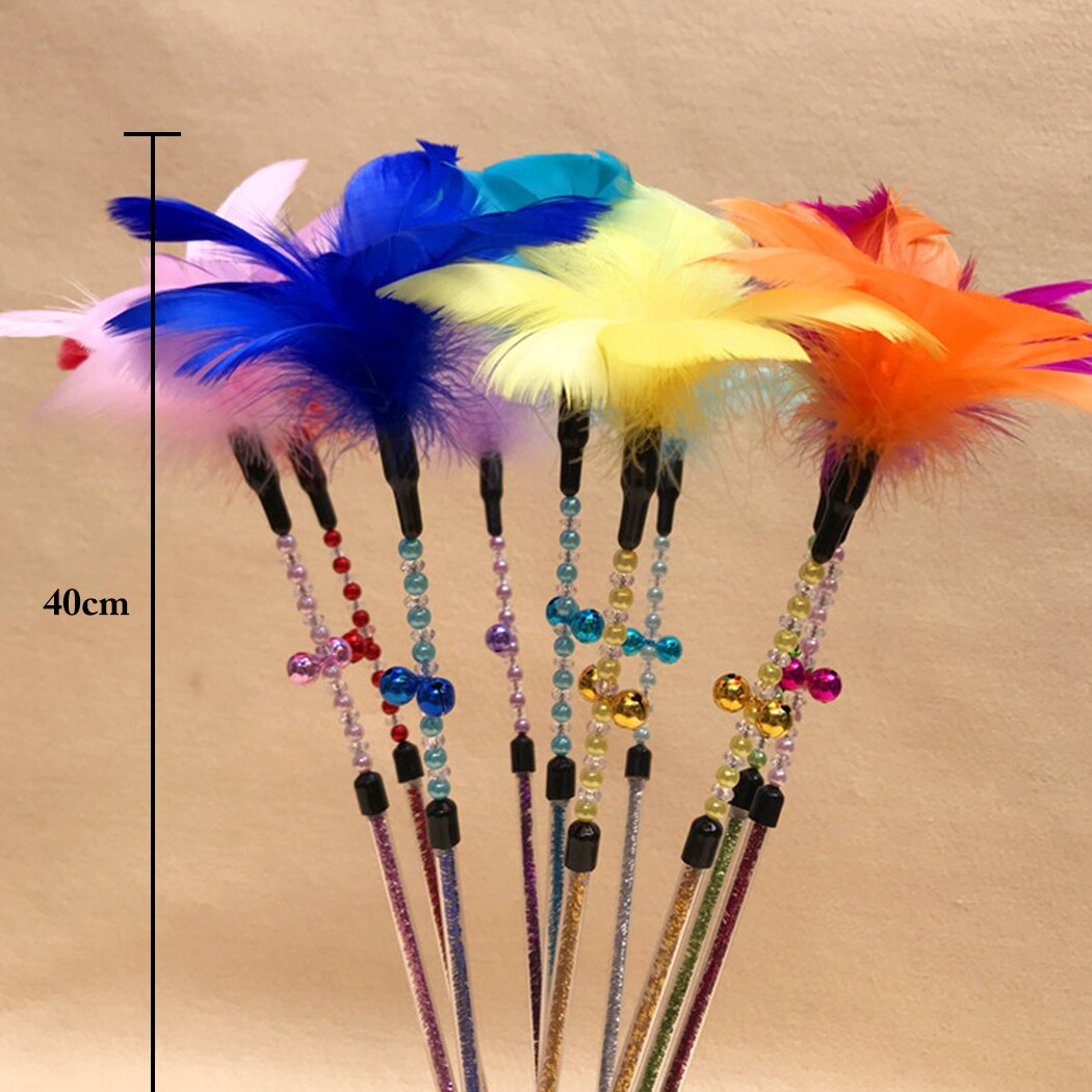 15.75in Cat Toys Funny Cat Teaser Wand Beads Fake Feather Decor Cat Teaser Toy Cat Training Toy Pet Supplies 10 Colors-ebowsos