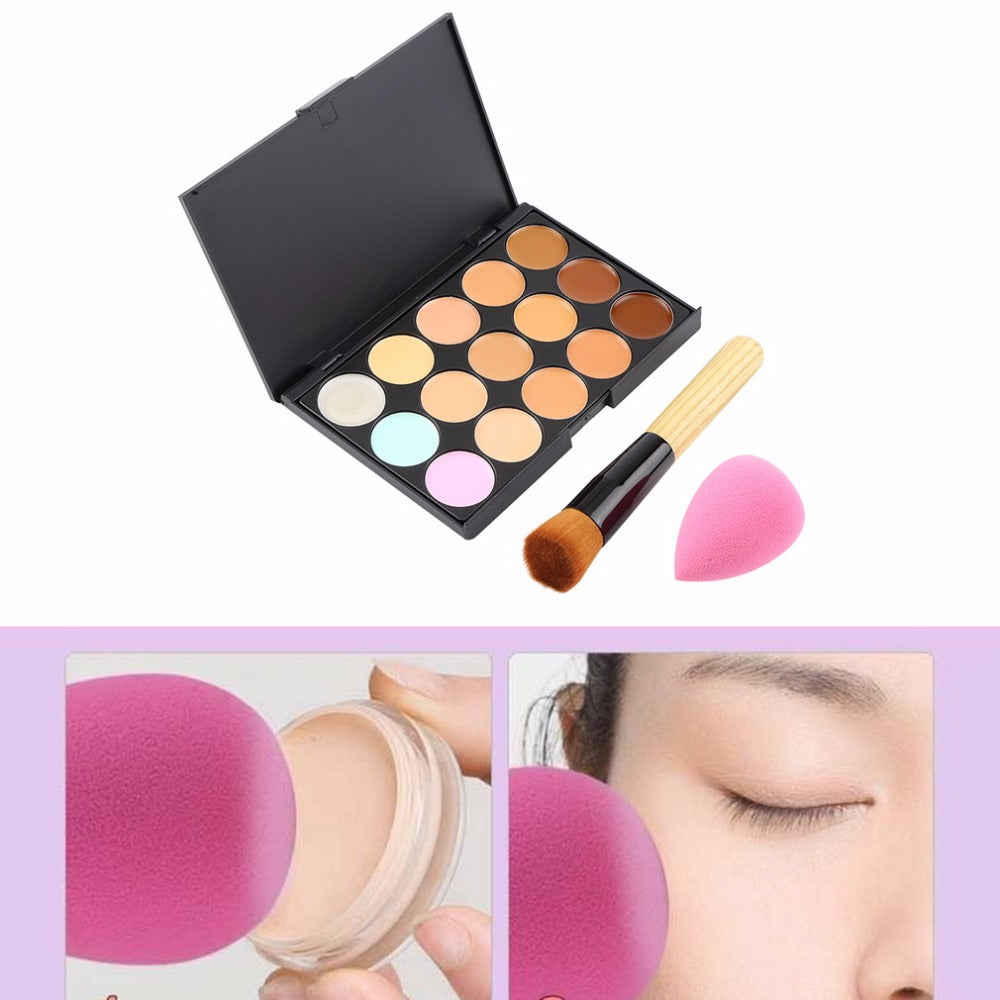 15 Color Pro Concealer Face Primer Cream Contour Palette Makeup Base Corrector Palette + Sponge Puff + Powder Brush Make up Tool - ebowsos