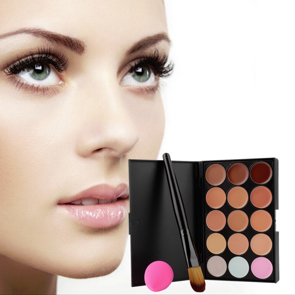 15-Colors Face Makeup Concealer Palette + Wood Handle Brush + Sponge Puff Wholesale - ebowsos