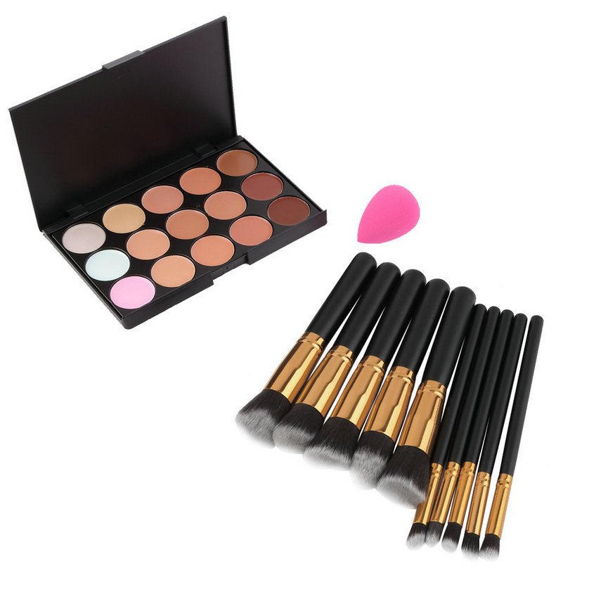 15-Colors Makeup Face Concealer Palette + 10pcs Brushes Set + Sponge Puff drop shipping - ebowsos