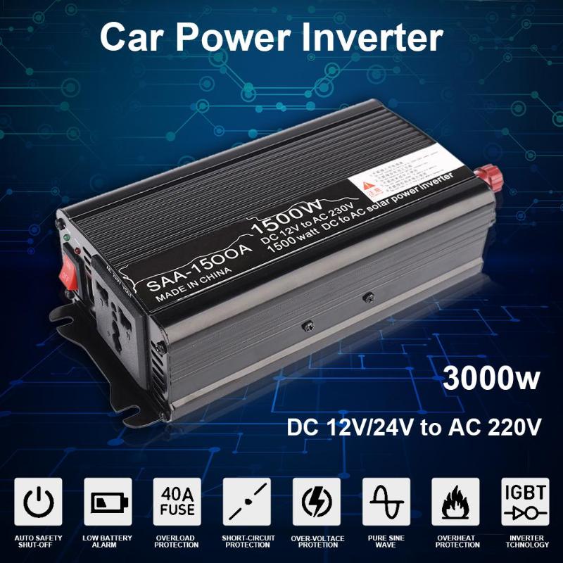 1500W Peak Auto Car Power Inverter DC 12V/24V To AC 220V Charger Voltage Converter Automobile Inverters USB Adapter Accessories - ebowsos