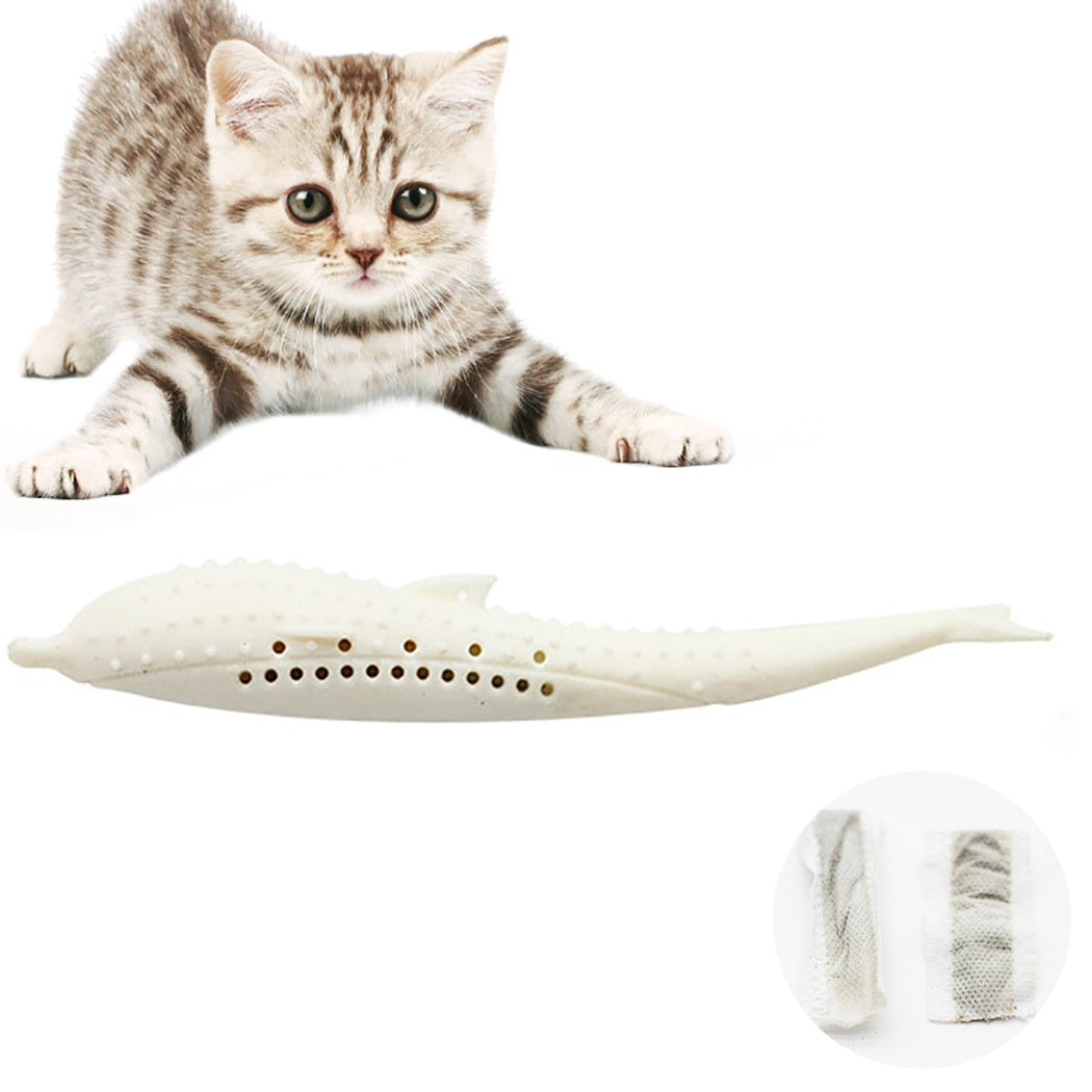 1Pc Funny Pet Toy Creative Safety Silicone Fish Shape Cat Toothbrush Cat Teething Stick Toy With Catnip Pet Training Supplies-ebowsos