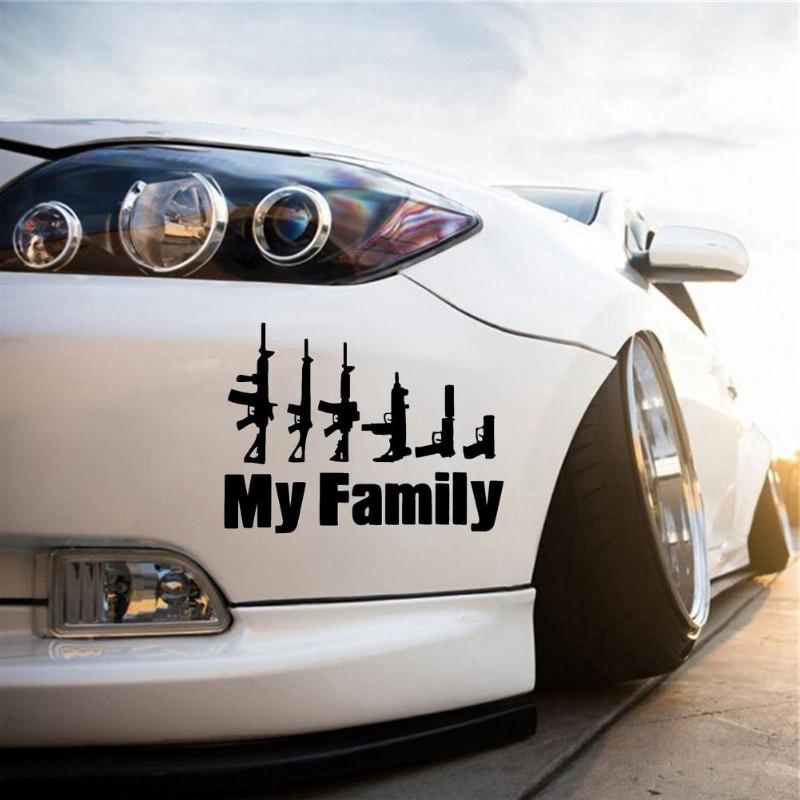 1Pcs MY FAMILY Words Cartoon Gun Car Stickers Funny Window Laptop Vinyl Car-Styling Motorcycle Decals Accessories High Quality - ebowsos