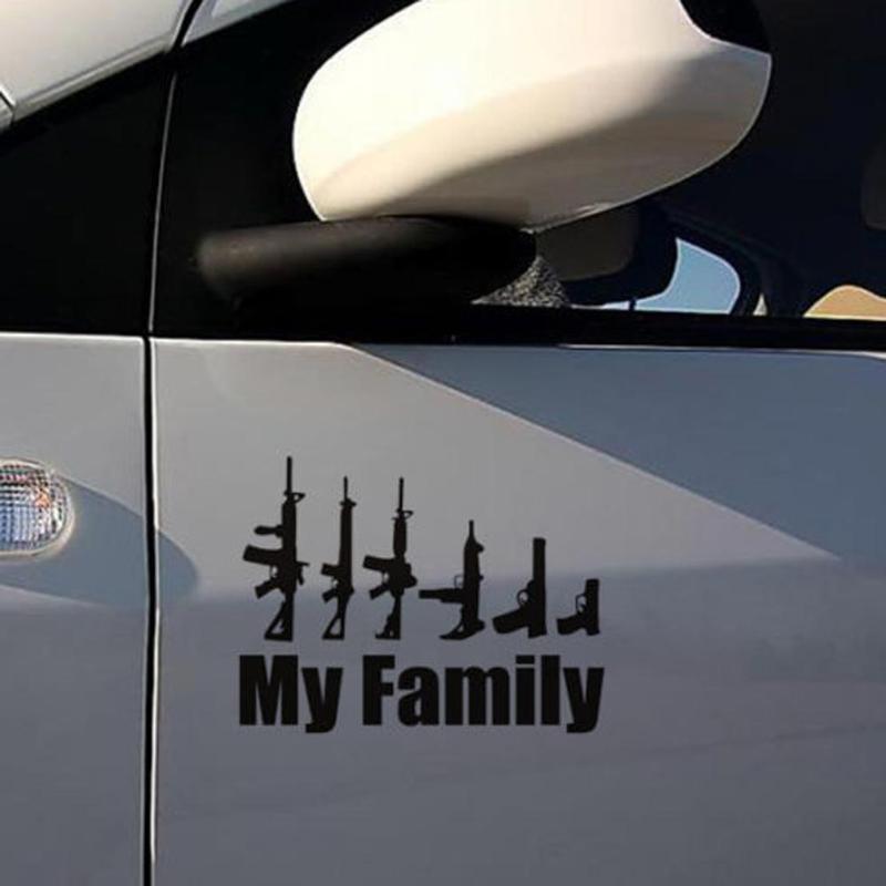 1Pcs MY FAMILY Words Cartoon Gun Car Stickers Funny Window Laptop Vinyl Car-Styling Motorcycle Decals Accessories High Quality - ebowsos