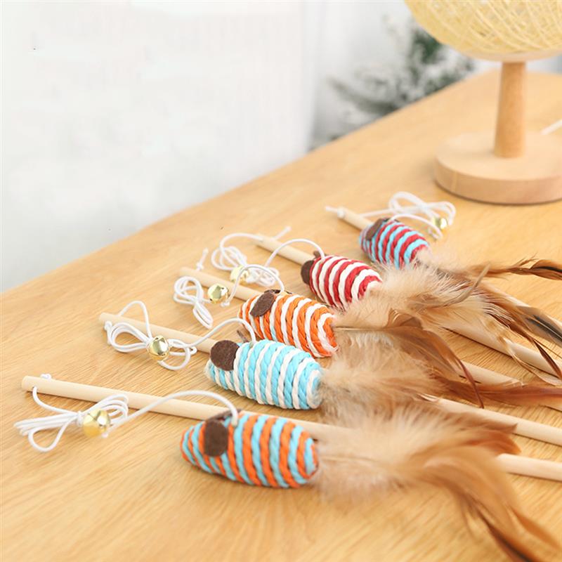 1pc Cat Teaser Toy Wooden Faux Feather Mouse Shape Cat Teaser Wand Cat Training Toy Pet Supplies Random Color-ebowsos