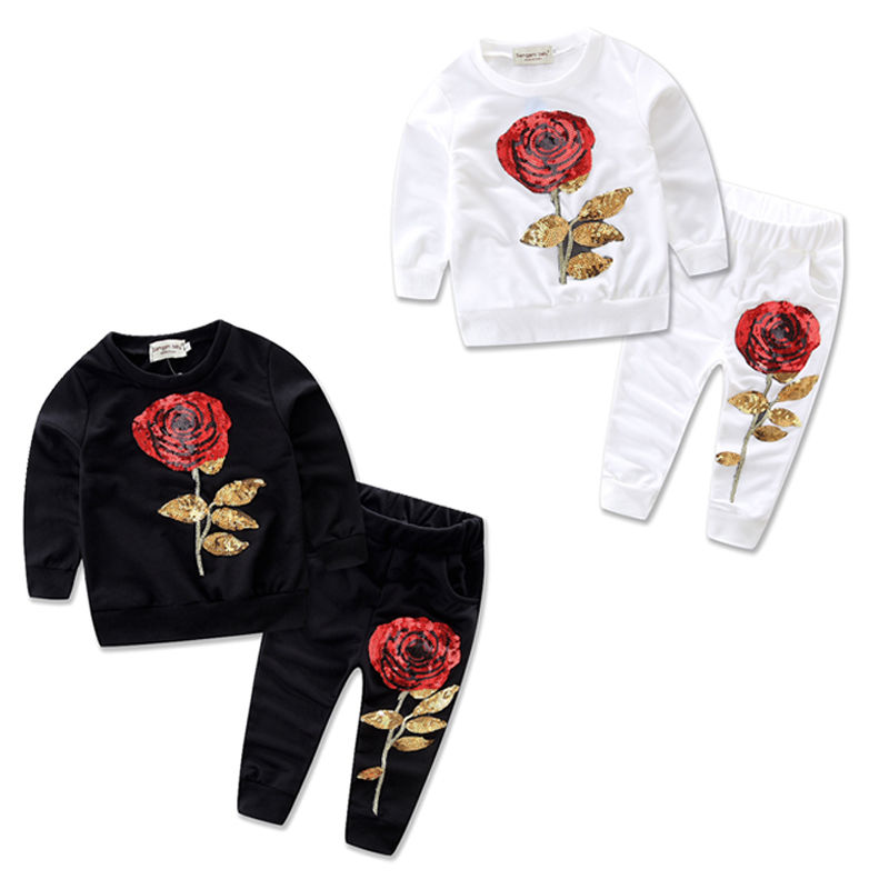2 Color black and white winter  Cute Toddler Girls Kids Long Sleeve T-Shirt+Pants 2PCS Outfits Clothes Set 2-7Y - ebowsos