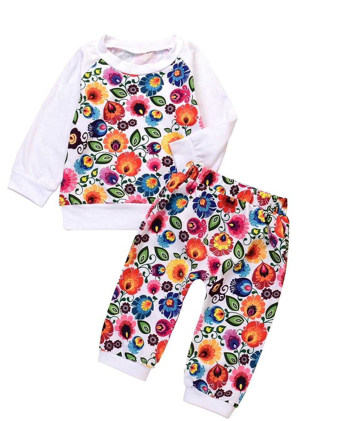 2 Pcs Baby Coloth sets Korean Style Baby Girl flower Tops and Pants Set Floral Pattern Toddler Gift Shirt + Pants Dropshipping-ebowsos