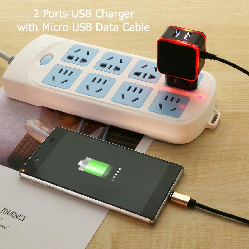 2 Ports USB Charger 5V 3.1A Fast Charging Wall Adapter with Micro USB Data Charging Cable for Android Mobile Phone High Quality - ebowsos