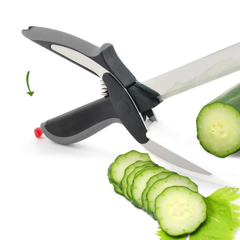 2 in 1 Food Chopper Cutter Kitchen Knife Scissors Shears Vegetable Slicer - ebowsos
