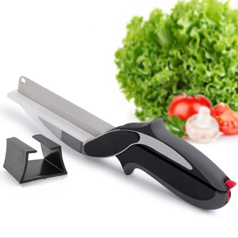 2 in 1 Food Chopper Cutter Kitchen Knife Scissors Shears Vegetable Slicer - ebowsos
