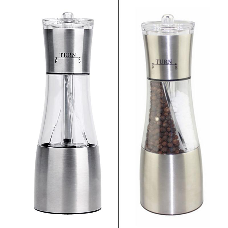 2 in 1 Stainless Steel Pepper Salt Pepper Shakers Manual Mill Spices Peppercorn Grinder Kitchen Grinding Cooking Tool - ebowsos