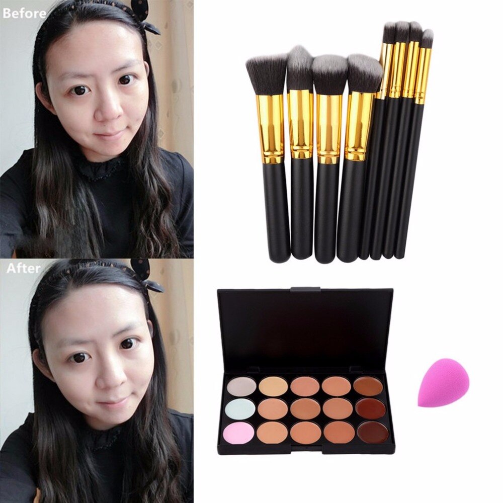 2017 Pro Cosmetics Makeup Set 15 Colors Face Contour Concealer Palette + 8 Makeup Brushes Set + 1 Sponge Puff Make Up Tool Kit - ebowsos