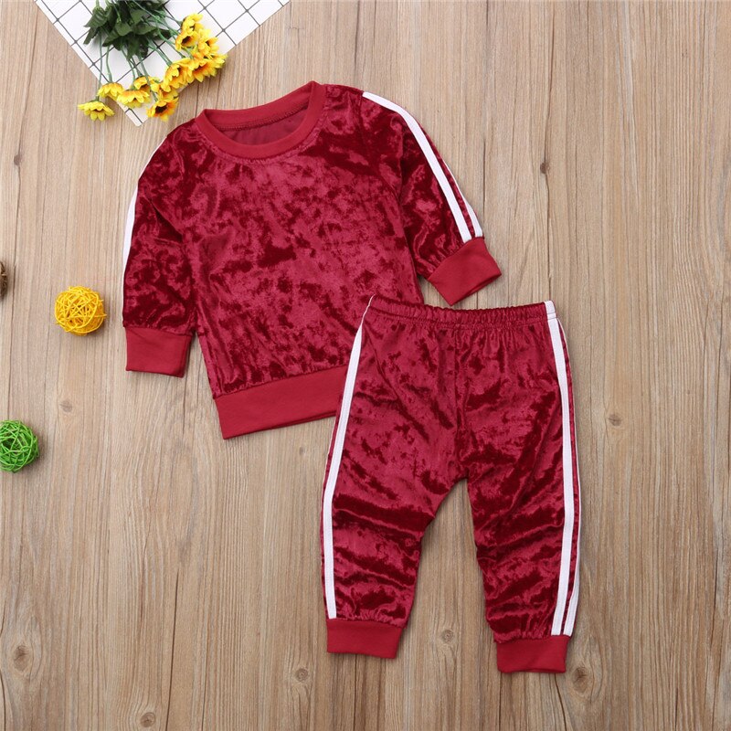Autumn Toddler Kids Girls Velvet Clothes Long Sleeve Pullover Tops Long Pant 2PCS Outfit Tracksuit Clothing Set - ebowsos