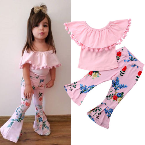 Brand New Toddler Infant Child Kid Baby Girls Clothes Outfits T-shirt Tops +Flare Pants Leggings 2Pcs Set Floral Sunsuit - ebowsos