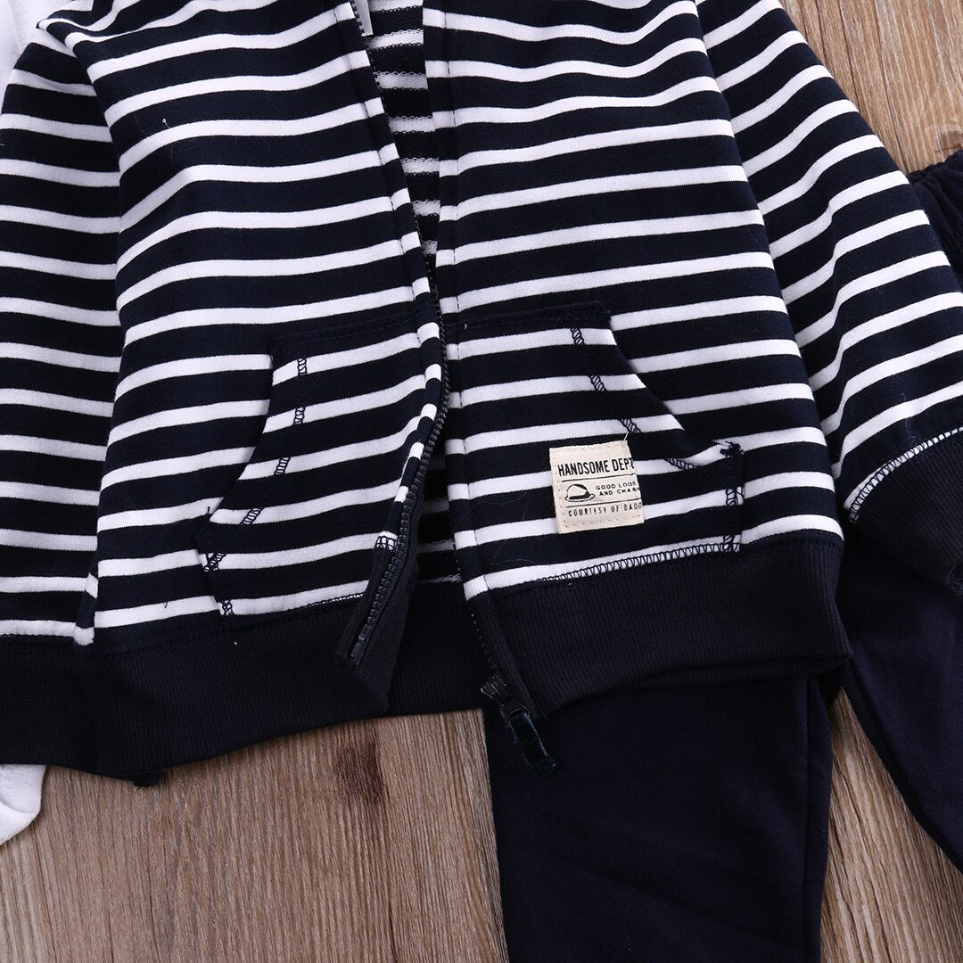 Spring Winter 3pc Set striped Baby Boy Outfit Jacket+White Romper+Blue Pants Clothing Set - ebowsos